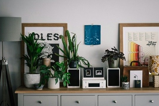 A decorated console table with potted plants, framed artwork, a stereo system, and a small lamp.