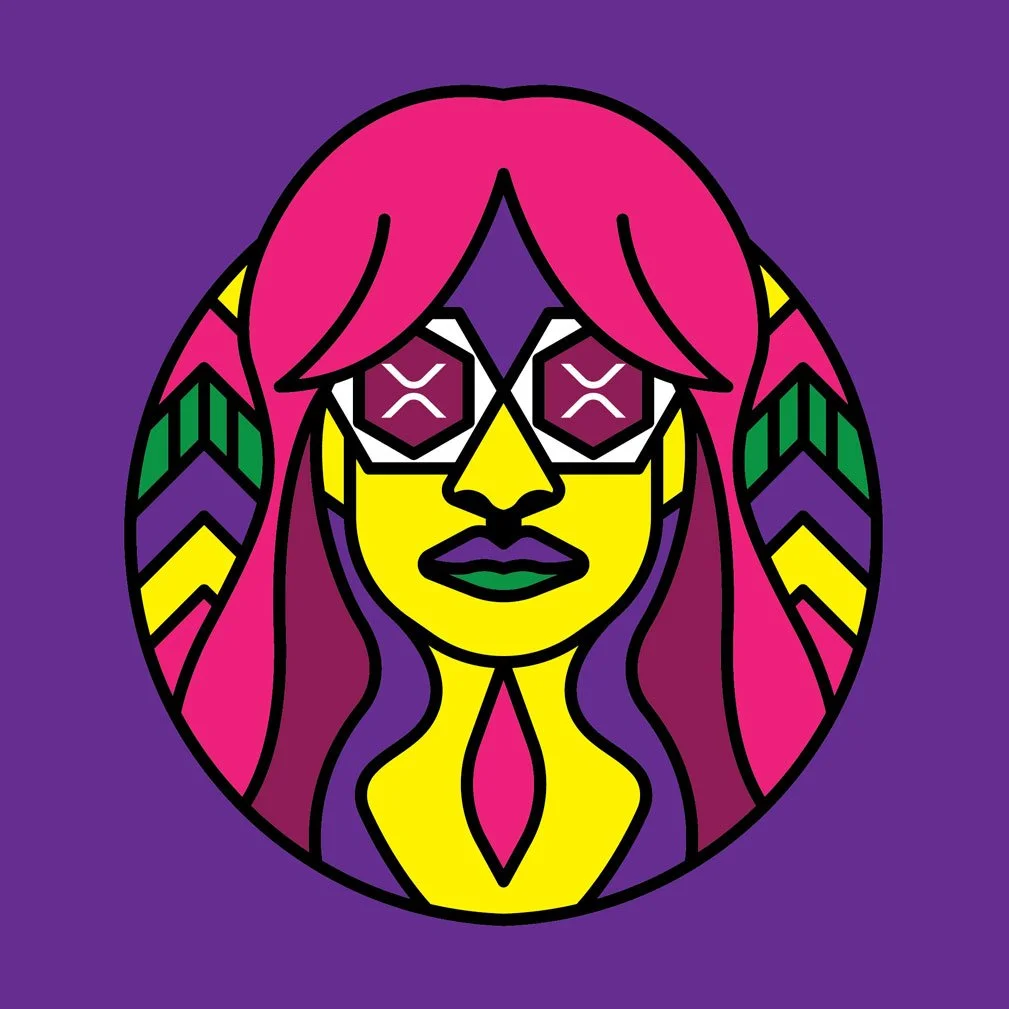 Abstrakte Illustration eines Gesichts mit pinken Haaren, bunten Zöpfen, gelber Haut, grünen Lippen und stilisierten Sonnenbrillen vor einem lila Hintergrund.