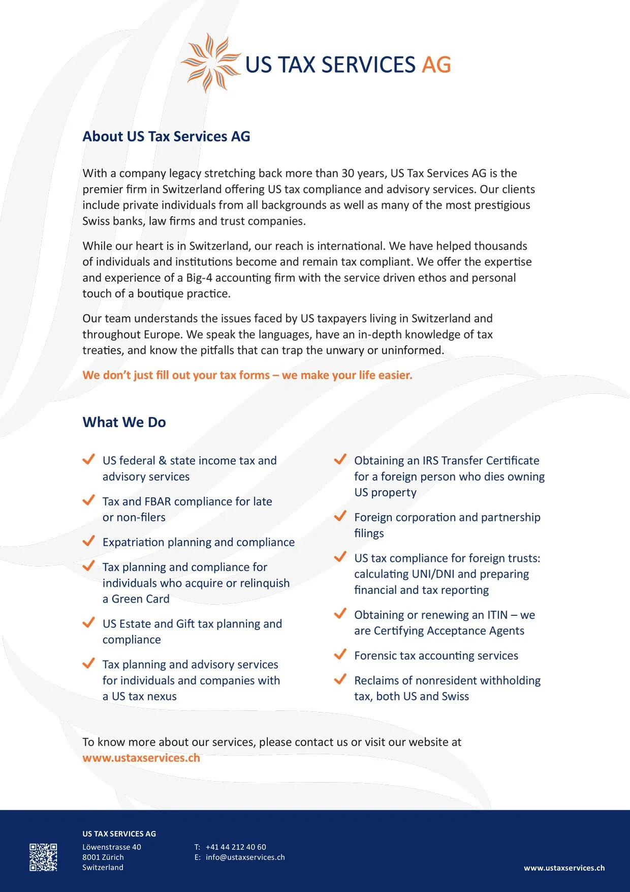 Flyer für eine Steuerberatungsfirma in der Schweiz, US Tax Services AG, mit Informationen über Dienstleistungen im Bereich US-Steuerberatung und Compliance, Kontaktinformationen und Website.