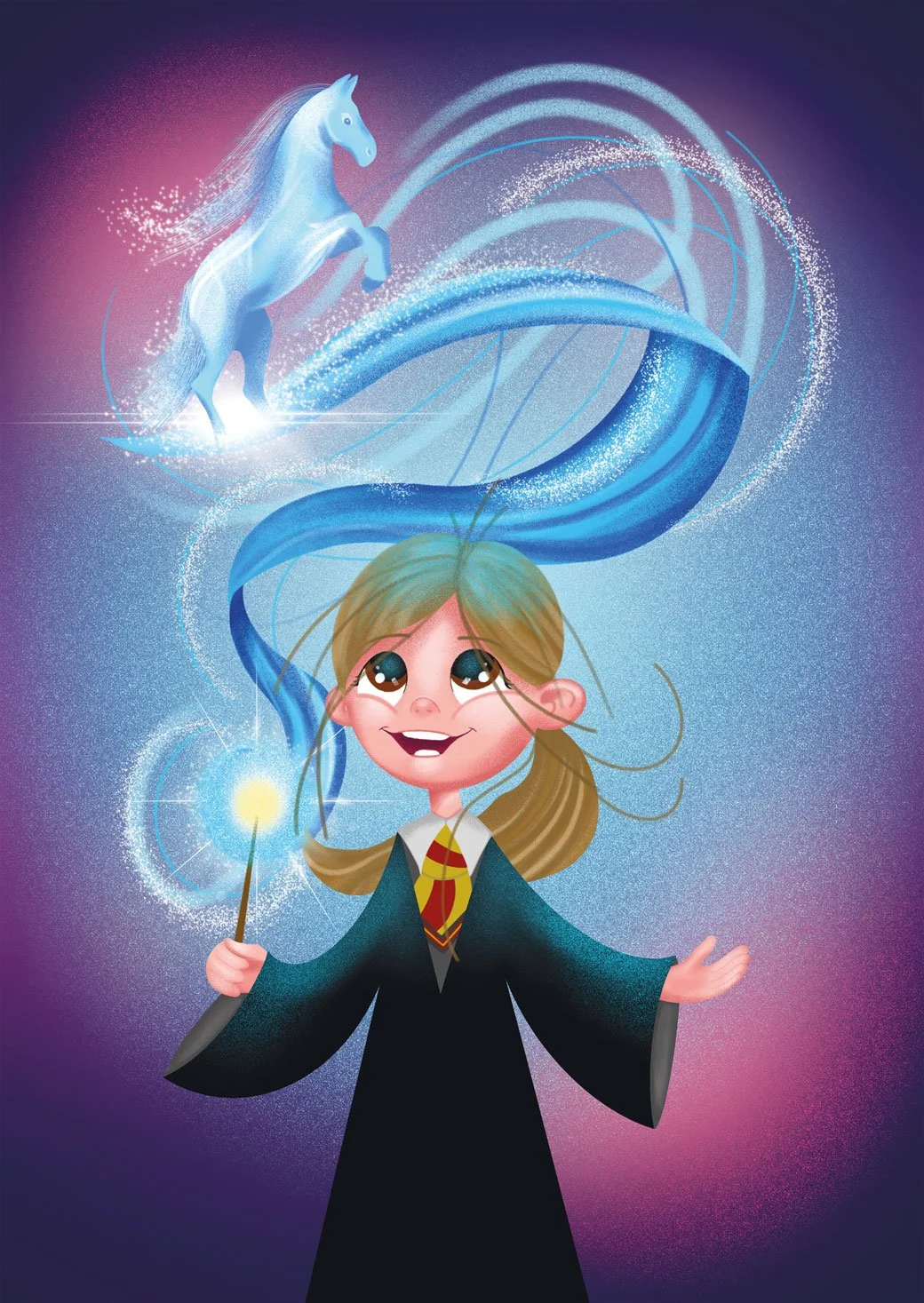 Illustration eines jungen Mädchens mit Zauberstab, das einen schimmernden blauen Einhorn-Traum hat.