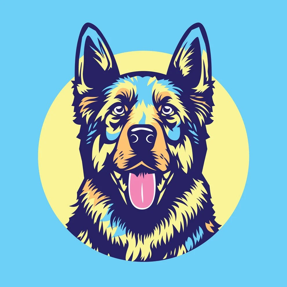 Illustration eines deutschen Schäferhundes auf hellblauem Hintergrund