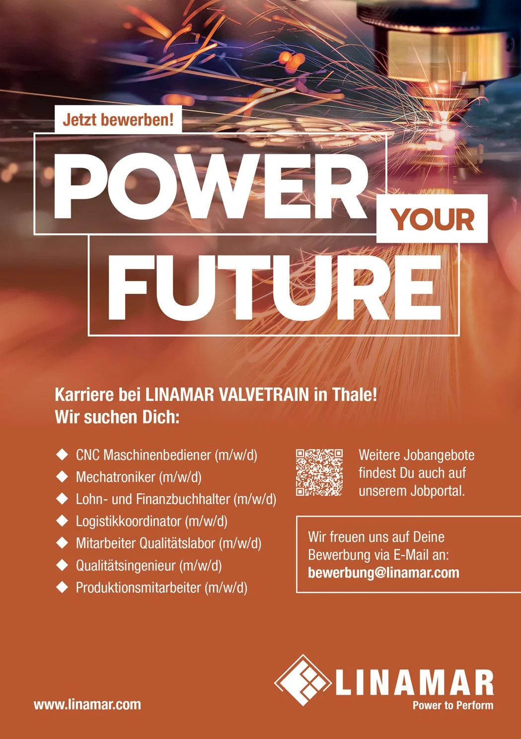 Stellenanzeige für Karrieremöglichkeiten bei LINAMAR VALVETRAIN in Thale, Deutschland, mit Berufen wie CNC-Maschinenbediener, Mechatroniker, Lohn- und Finanzbuchhalter, Logistikkoordinator, Mitarbeiter im Qualitätslabor, Qualitätsingenieur und Produktionsmitarbeiter.
