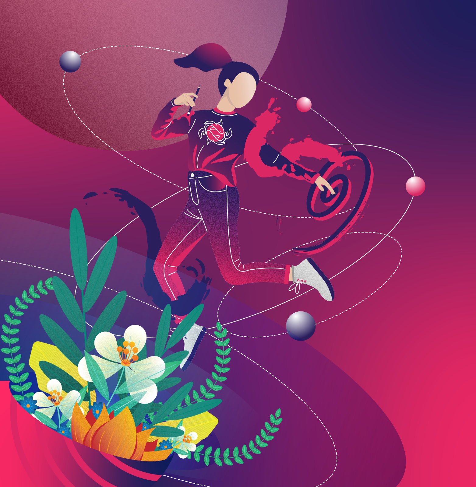 Illustration einer jungen Frau, die mit einem Stift in der Hand zeichnet, vor einem abstrakten, digitalen Hintergrund mit Linien und Kugeln, und einer Vase mit bunten Blumen im Vordergrund.