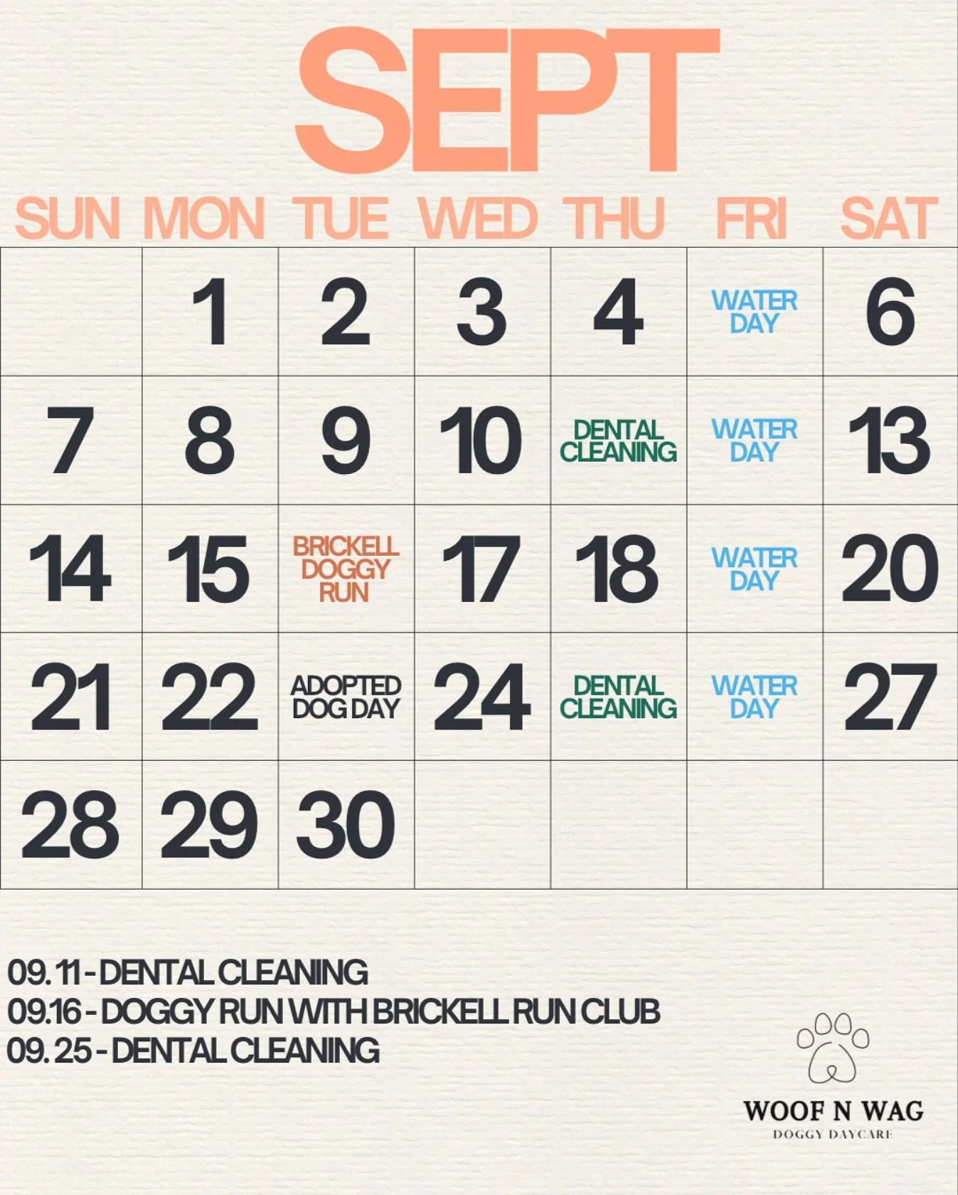 September is here 🐶✨

Water days, doggy runs, dental cleanings + more, we&rsquo;ve got a full month planned for your pups.

Mark your calendars &amp; join the fun! 🐾🧡

#WoofNWagMiami #MiamiDogs #DoggyDaycare