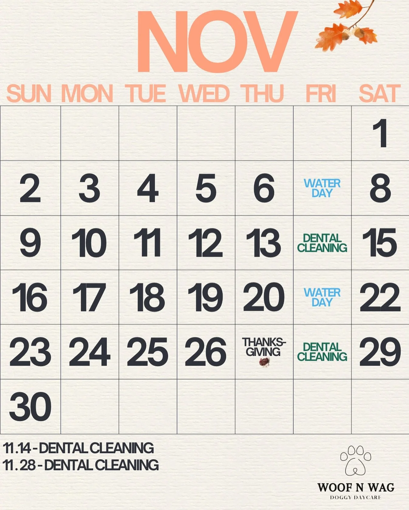 Here&rsquo;s what&rsquo;s happening this month at Woof N Wag!
💧 Water Days: Nov 7 &amp; 21
🦷 Dental Cleanings: Nov 14 &amp; 28

Spots fill fast &mdash; reserve your pup&rsquo;s spot today! 🐾

#dogdaycare #dogsofinstagram #miamidogs #miamidogboardi