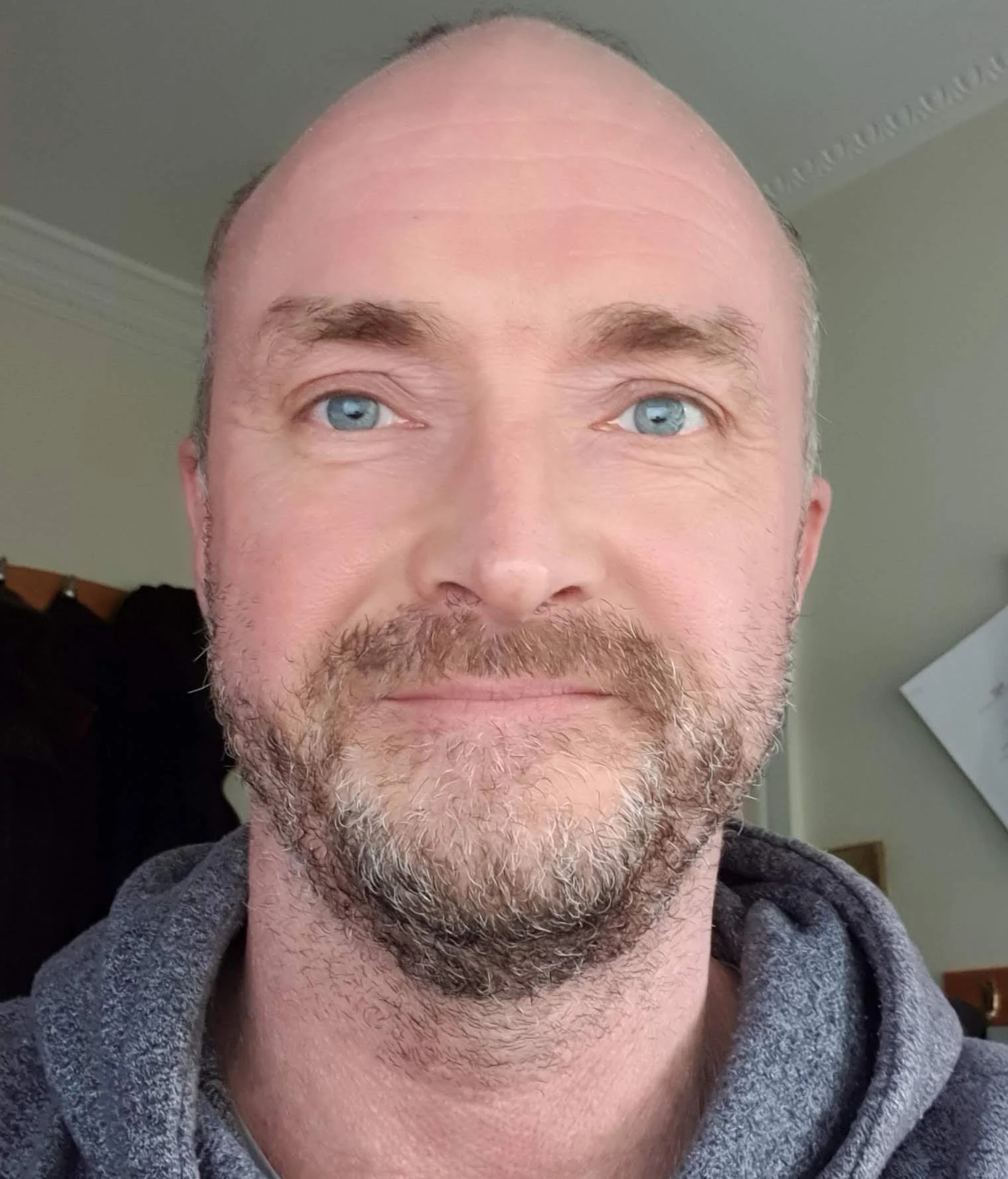 Close-up of a man's face with blue eyes, a beard, and wearing a gray hoodie, indoors with a blurred background.