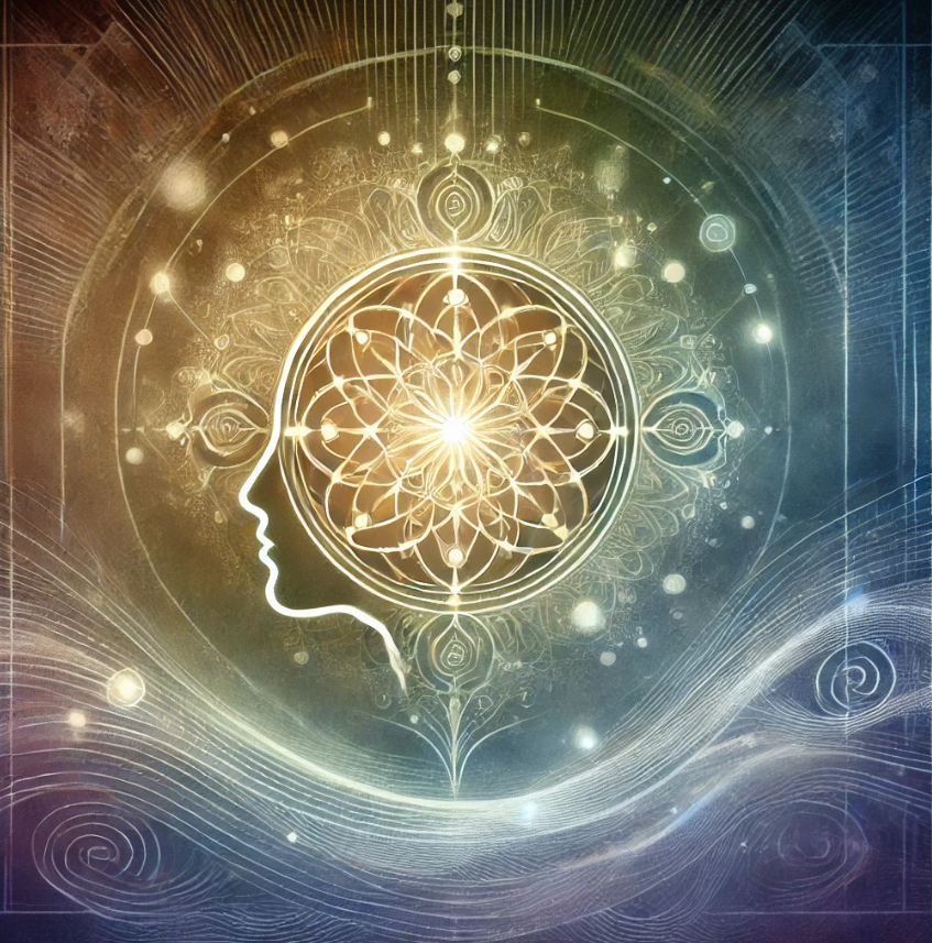 A glowing, intricate illustration of a human face in profile with a mandala-like design inside the head, surrounded by cosmic and geometric patterns, representing the mind and consciousness.