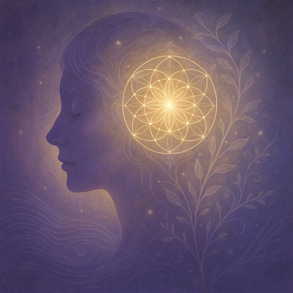 Silhouette of a woman's face in profile with a glowing geometric pattern and floral design overlay, set against a purple background with light accents and stars.