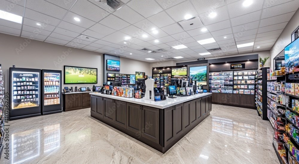 Interior of a modern store with well-organized shelves and displays, featuring a central counter for customer service. The store has bright lighting, a tiled floor, and various products like medicine and health supplements.