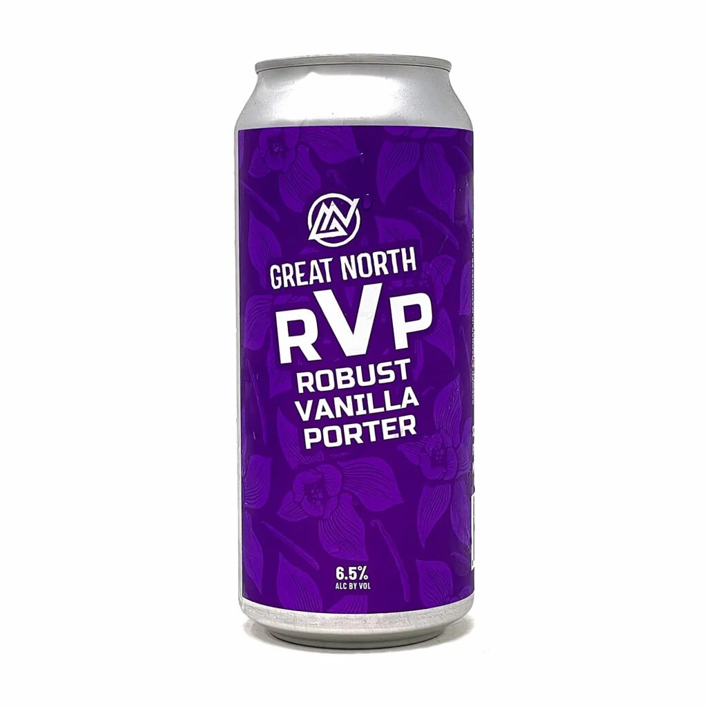 A tall can of Great North RVP Robust Vanilla Porter beer with purple floral design and white text.