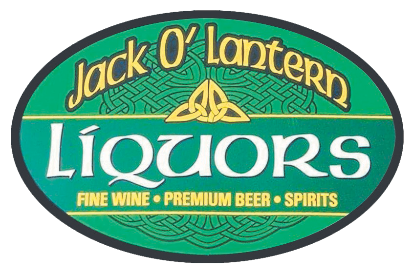Logo for Jack O'Lantern Liquors featuring a green oval background, with a yellow Celtic knot in the center. The text reads "Jack O'Lantern" at the top and "LIQUORS" in large white letters below. A yellow banner at the bottom states "FINE WINE • PREMIUM BEER • SPIRITS."