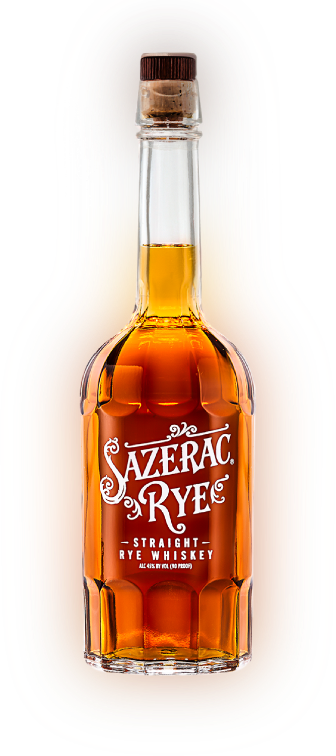 A glass bottle of AZERAC RYE Straight Rye Whiskey with a cork top, filled with amber-colored whiskey.