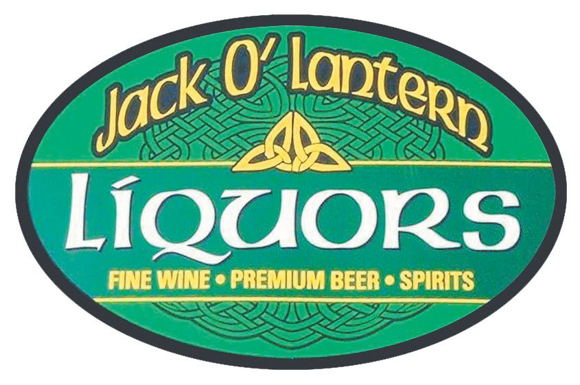 Oval logo for Jack O'Lantern Liquors with a green background and yellow and white text that says 'Fine Wine, Premium Beer, Spirits' along with a Celtic knot design.