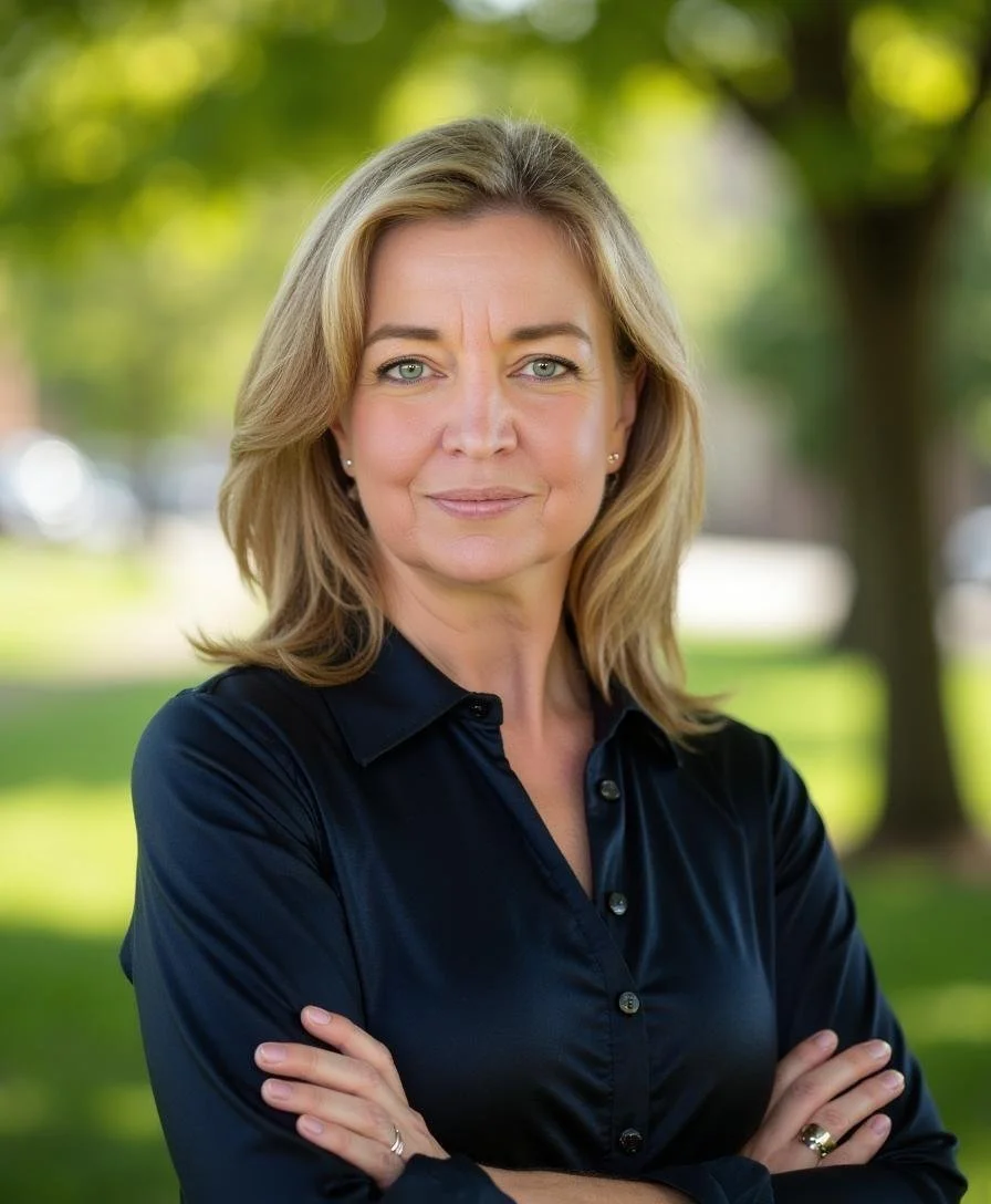 A middle-aged woman with blonde hair, wearing a dark blue shirt, standing outdoors with her arms crossed and looking confidently at the camera.