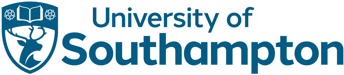 University of Southampton logo with a shield, an open book, and a flower, featuring the text 'University of Southampton' in blue.