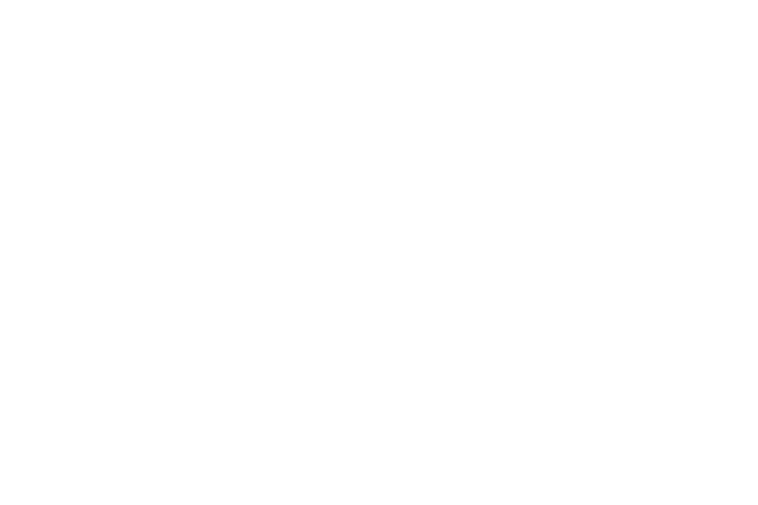 Black background with a white oval outline containing the Arabic word 'Halal' and the English word 'HALAL' below it.