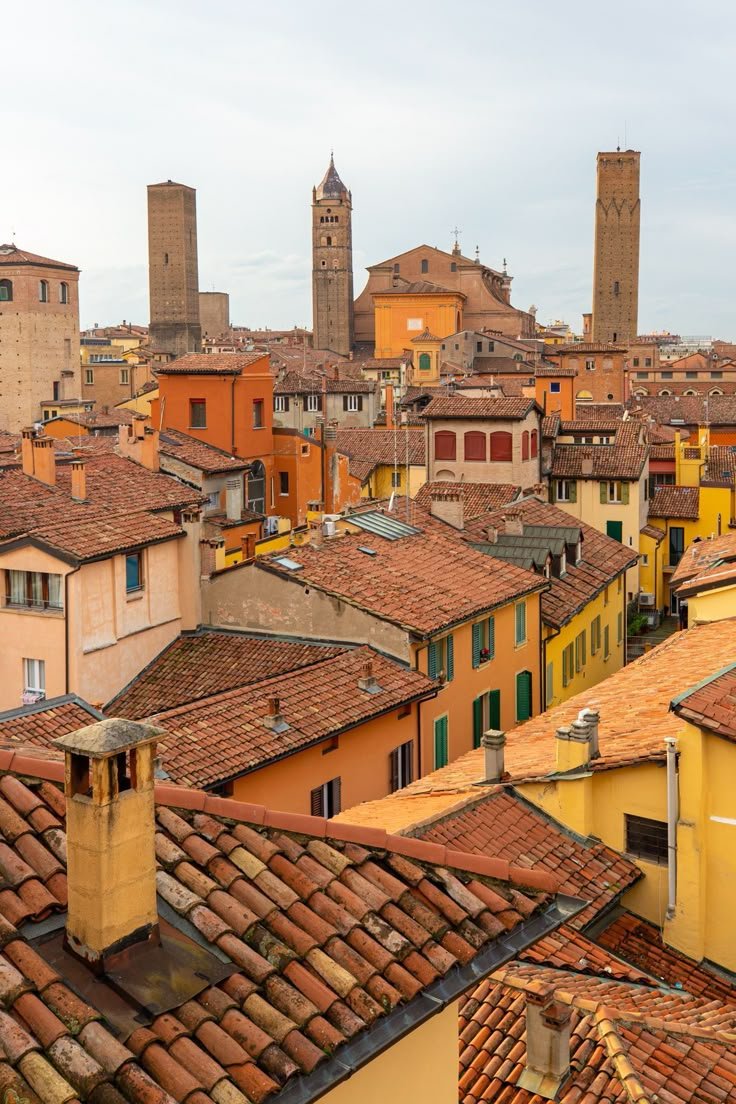 A panoramic view of Bologna featuring its iconic historic architecture