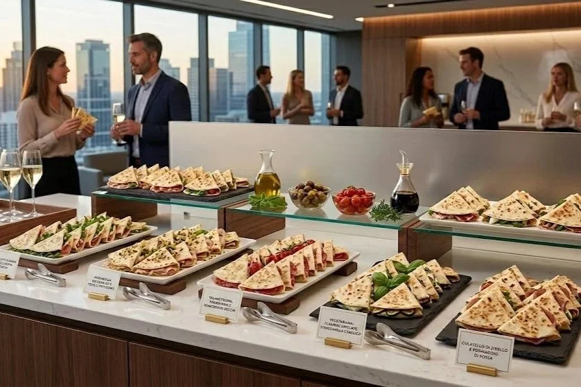 A buffet with assorted sandwiches and wraps, bottles of olive oil and balsamic vinegar, and bowls of grapes and cherry tomatoes, in a modern office or conference room with large windows and city skyline view, where people are socializing.