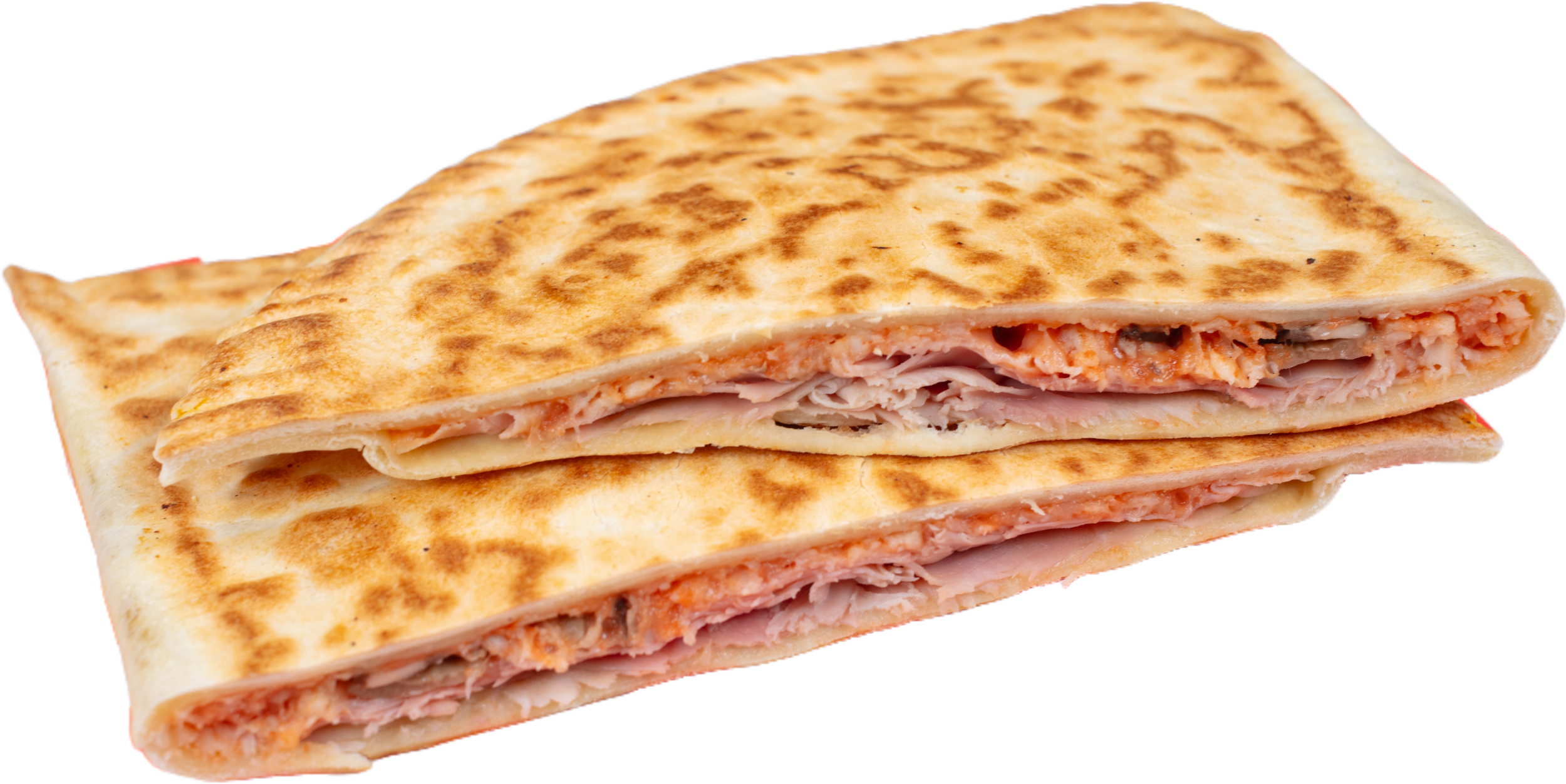 A toasted panini sandwich filled with ham and cheese, cut in half to show the ingredients.