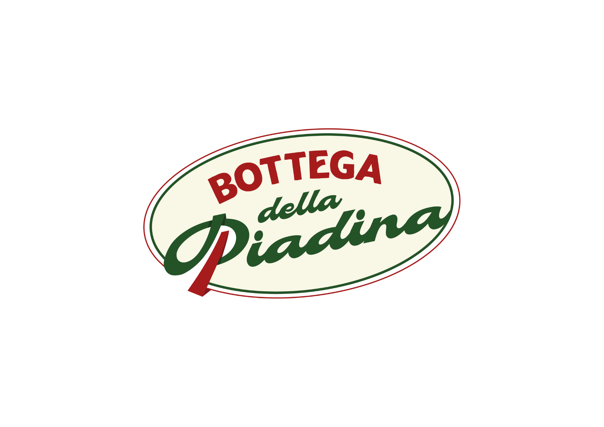 Bottle of Bottega della Piadora olive oil with a red and green label