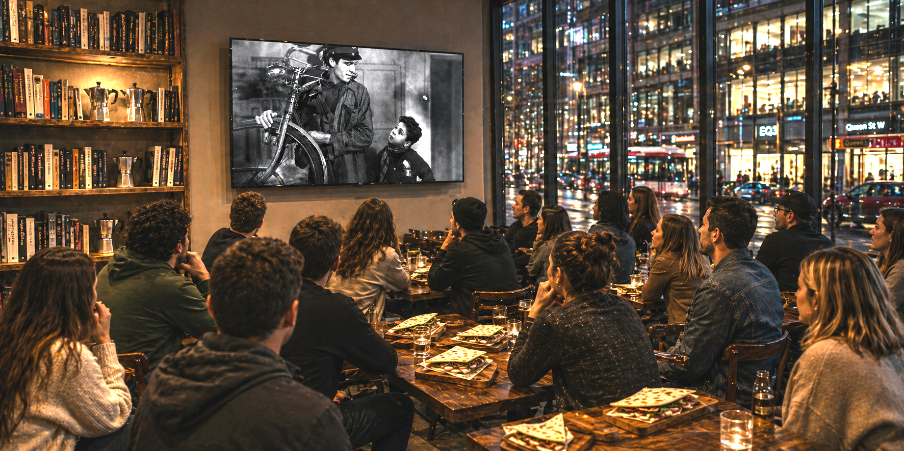 Group of people watching a black and white film on a large screen in a cozy, urban restaurant with large glass windows showing city traffic at night.