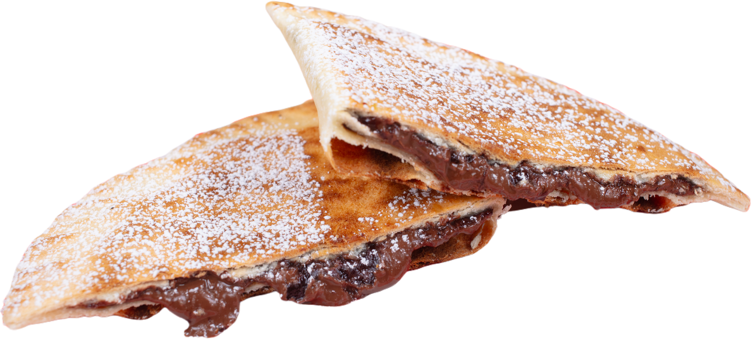 Chocolate-filled crepe dusted with powdered sugar, folded open to reveal chocolate filling.