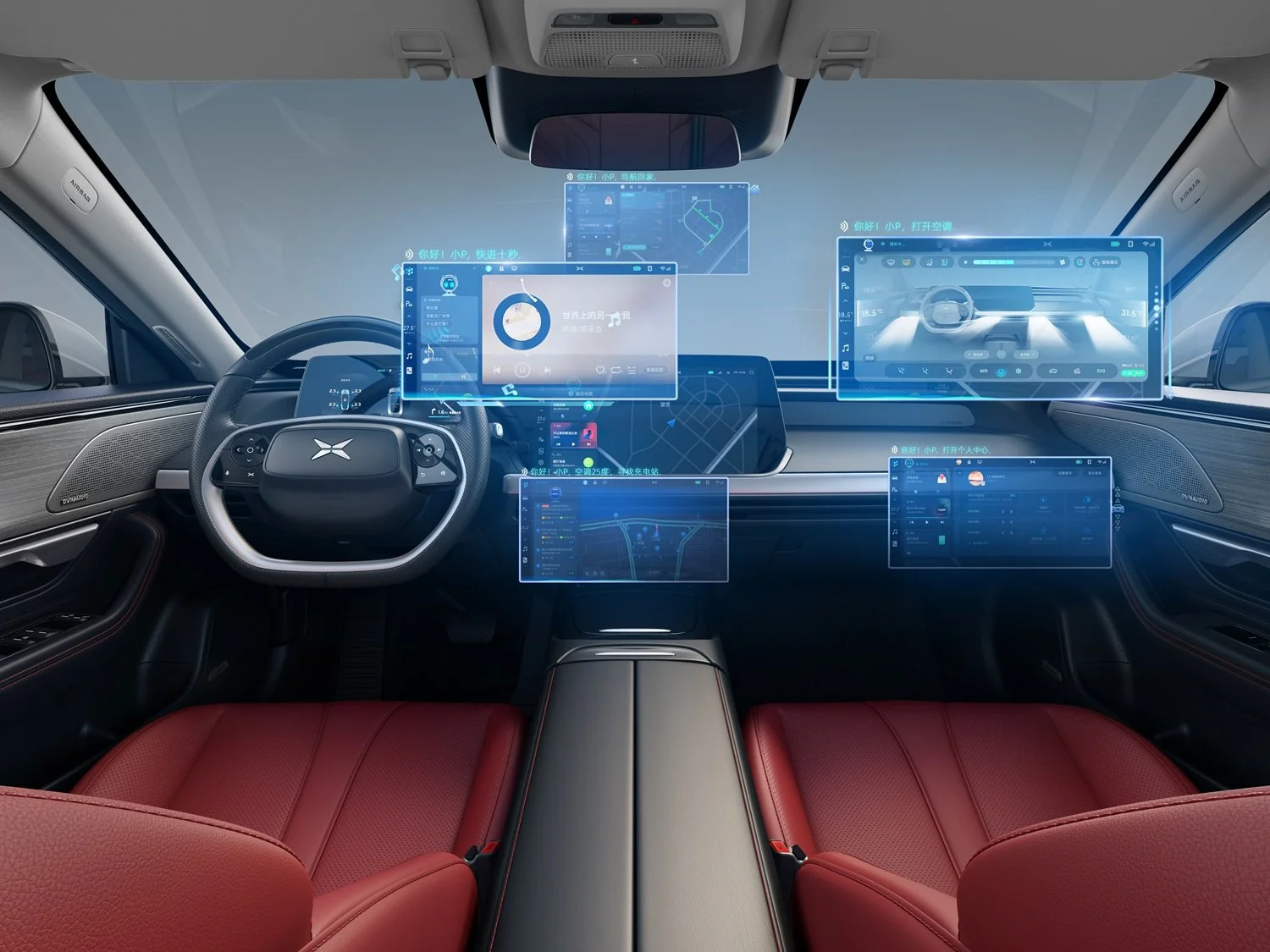 Cockpit of a car with different screens