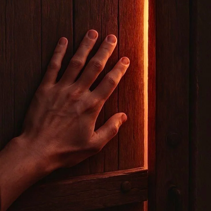 Hand on door with light shining through