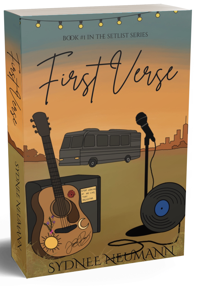 Book cover titled 'First Verse,' featuring a sunset background with a van, acoustic guitar decorated with flowers, a microphone, and a vinyl record, part of the 'Setlist Series' by Sydnee Neumann.