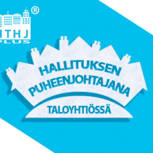 Logo, jossa lukee "Hallituksen puheenjohtajana taloyhtiössä" ja symbolinen talo ja kaupungin siluetti.