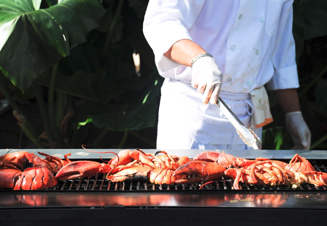 Person grilling cooked lobster on outdoor grill.