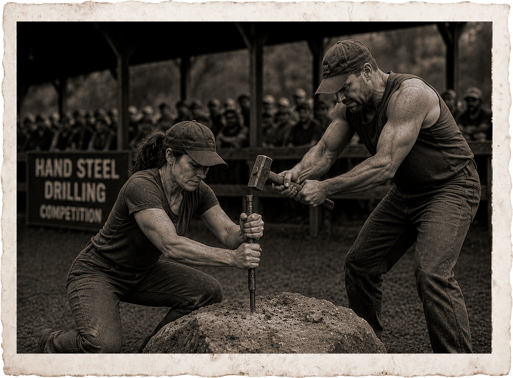 Men’s and women’s hand steel drilling competitors using a sledgehammer and steel drill during a mining heritage competition at Victor Gold Rush Days.
