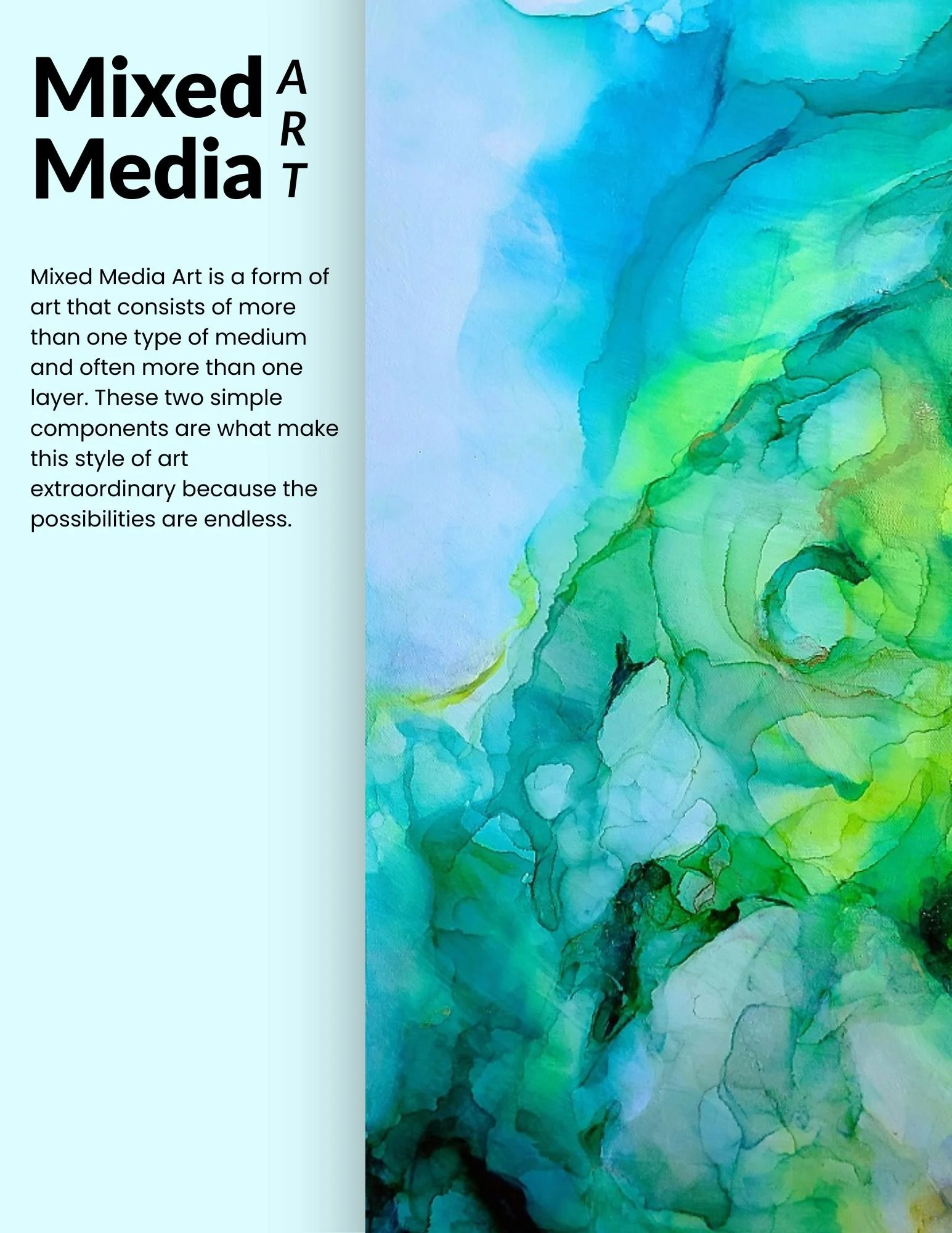 A digital image with a title on the left side that reads 'Mixed Media Art' and a description below explaining that mixed media art consists of more than one type of medium and layer, with a colorful abstract watercolor background on the right side.