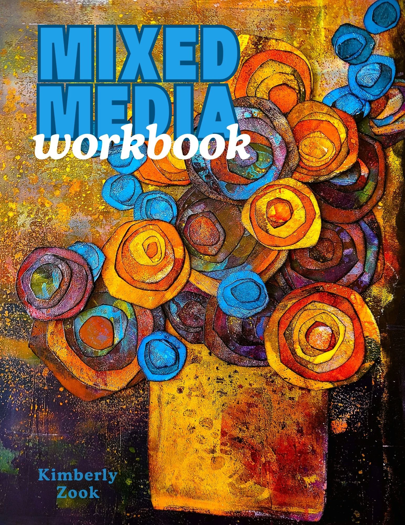 A colorful, abstract painting of spiral shapes in orange, yellow, blue, green, and purple hues. The background is a mix of gold, black, and other vibrant colors. The text