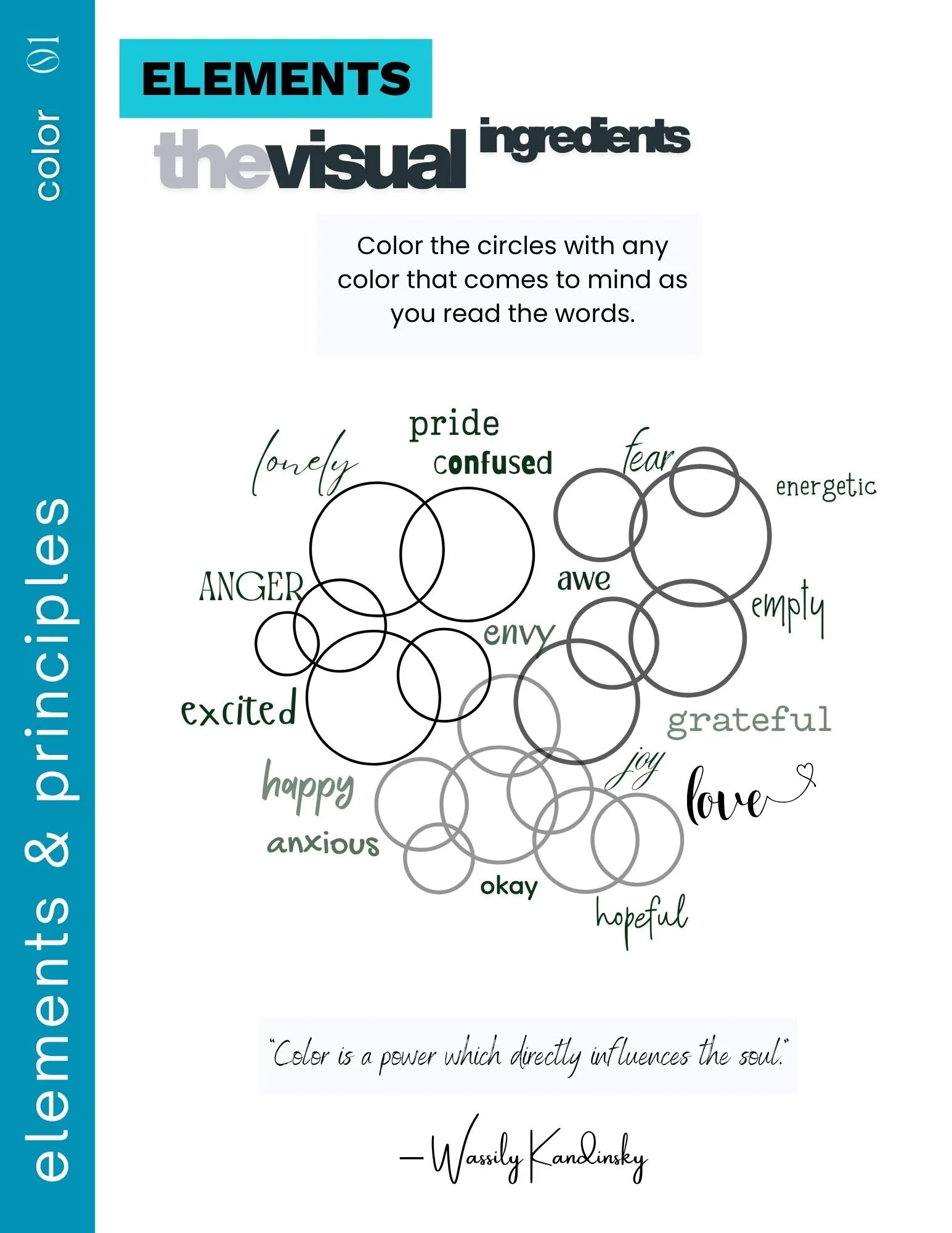 A diagram of circles with various words related to emotions and feelings, such as pride, love, anger, fear, smile, love, confused, excited, happy, anxious, okay, hopeful, energetic, and empty.