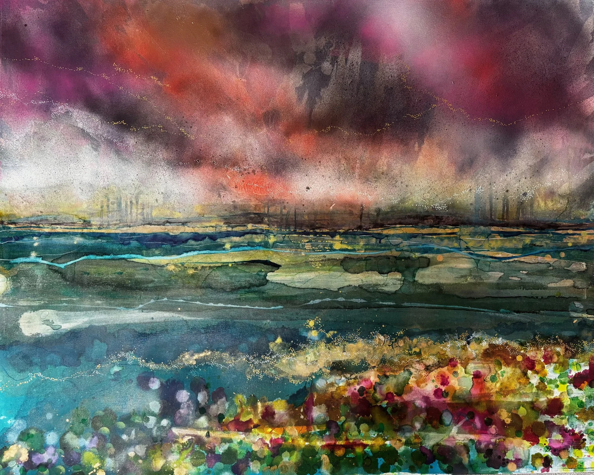 Abstract mixed-media seascape with stormy grey clouds over a dark sea and golden shore, by Sophie Garwood, 80 × 100cm
