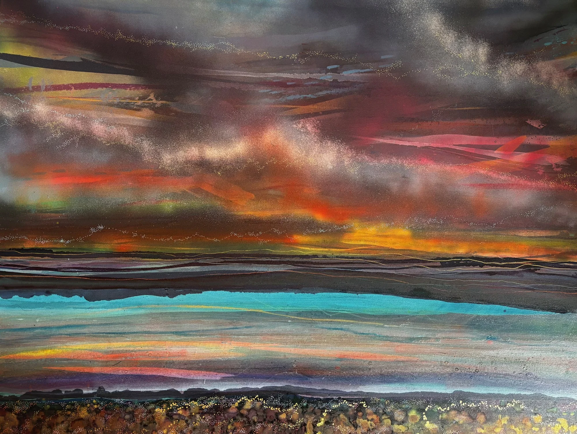 Abstract mixed-media seascape with a fiery sunset sky over turquoise sea, by Sophie Garwood, 100 × 120cm
