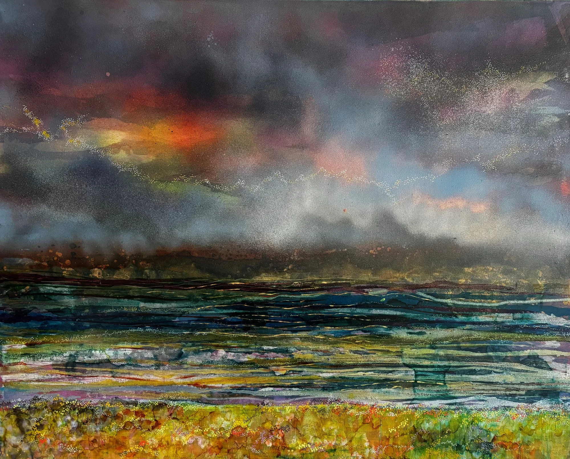 Abstract mixed-media seascape with a pink and red sky over a teal sea and flower-speckled shore, by Sophie Garwood, 100 × 80cm