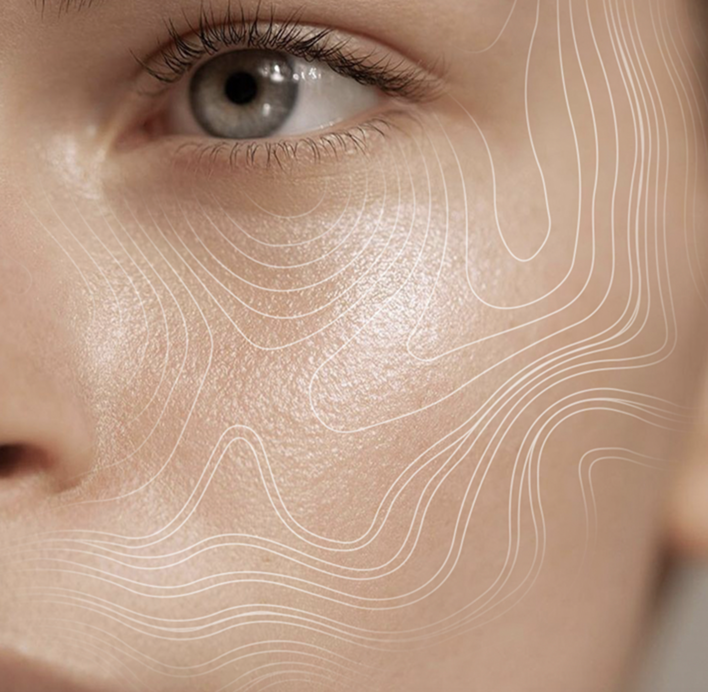 Close-up of a human face, focusing on the eye and surrounding skin with white line contour overlay.