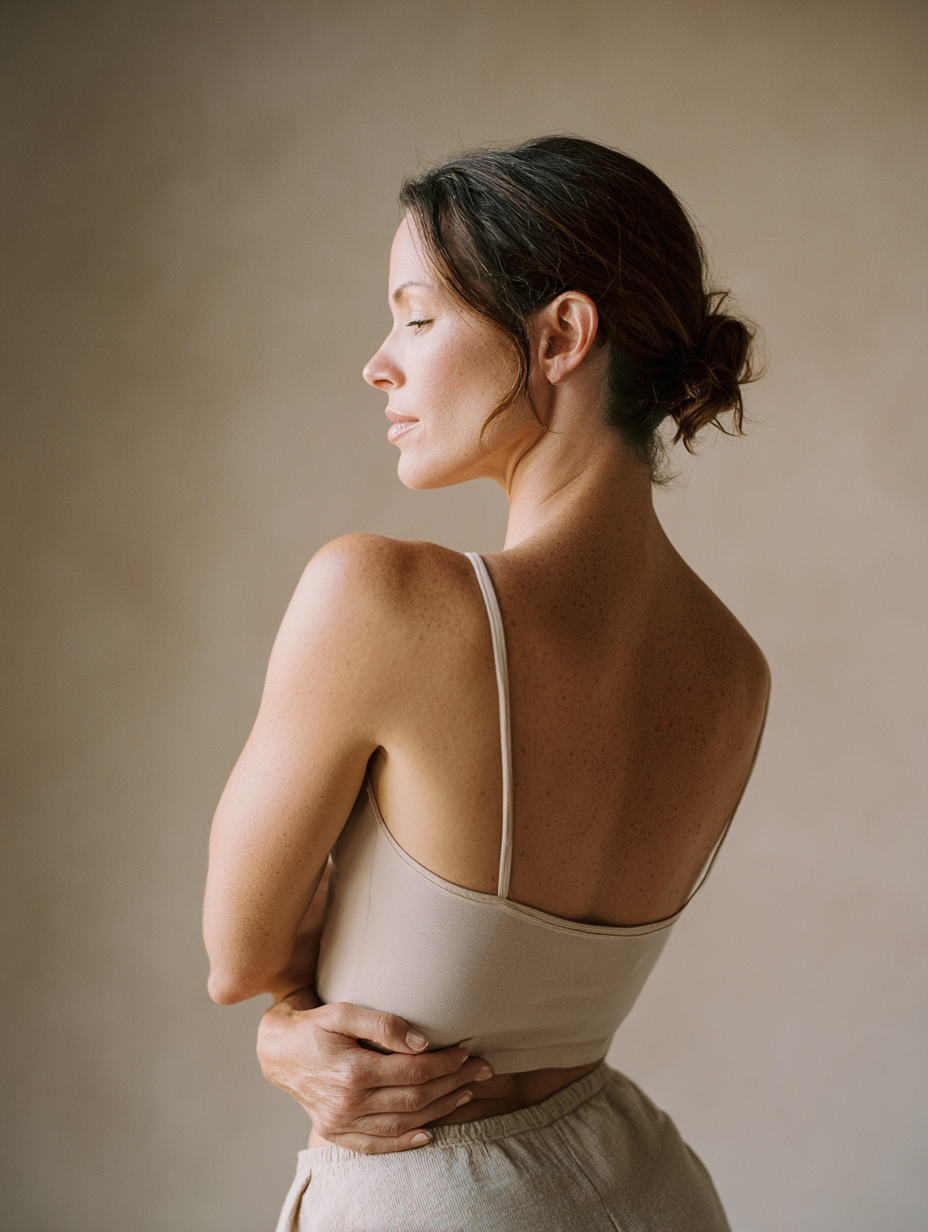 Side view of a woman with dark brown hair tied back, wearing a beige tank top and beige pants, standing with her eyes closed and one hand on her stomach against a neutral background.