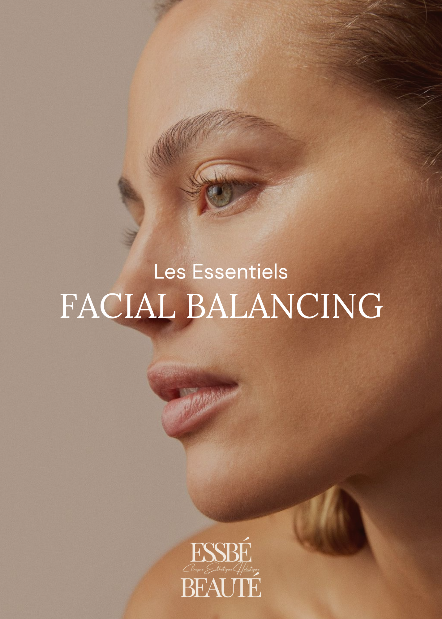 Close-up of a woman's face in profile showing her eye, eyebrow, nose, lips, and cheek with natural makeup, along with overlaid text about facial balancing in French and French beauty magazine branding.