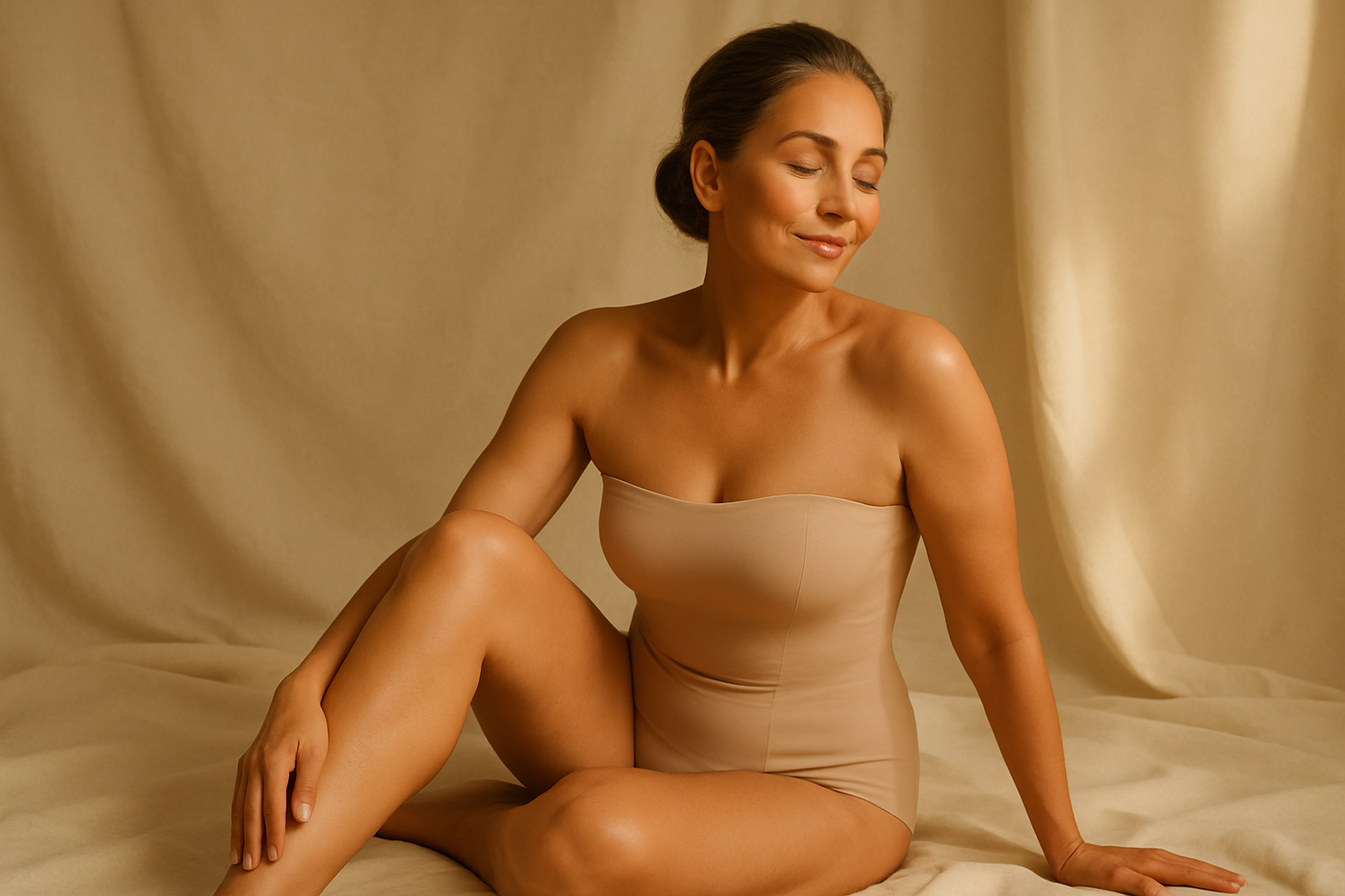 A woman with brown hair styled in a bun, sitting calmly with eyes closed, wearing a beige strapless dress against a beige backdrop.