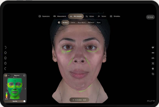 A woman undergoing a skin analysis on a digital skincare device, with green markings on her face indicating areas being examined.