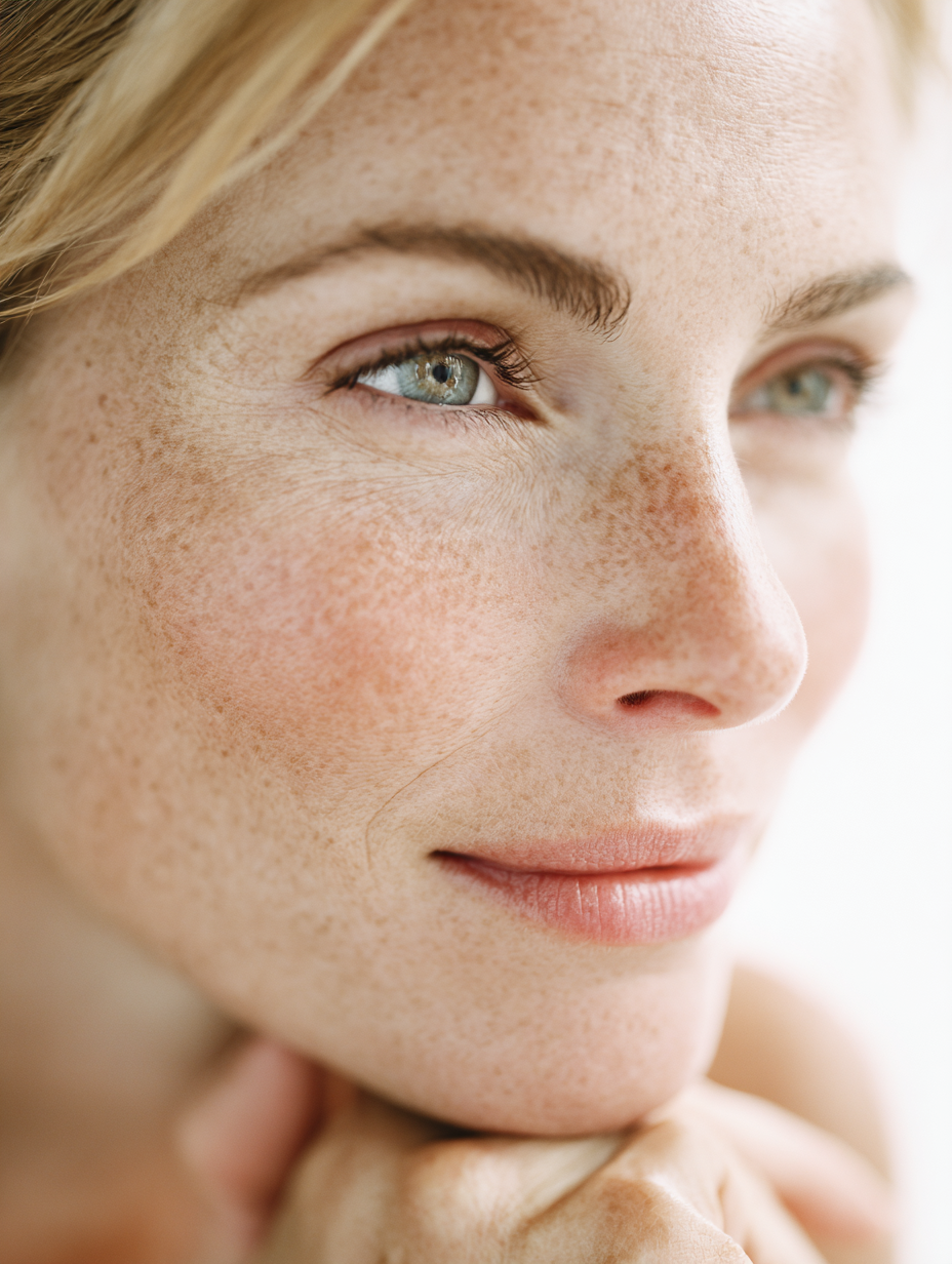 Close-up of a woman with light skin and freckles, featuring blue eyes and light brown hair.