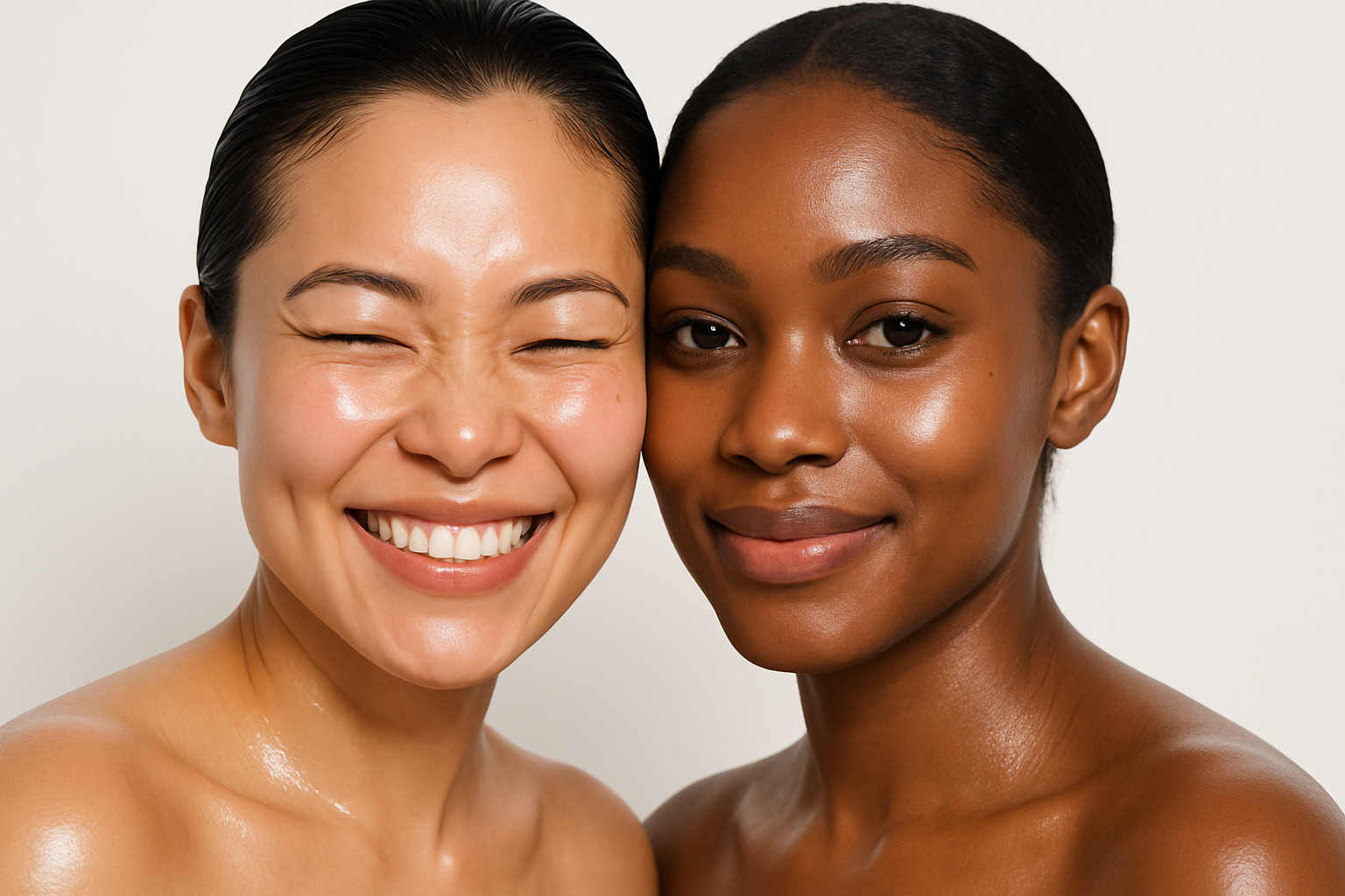 Two women with clear skin smiling and posing close together against a plain white background.