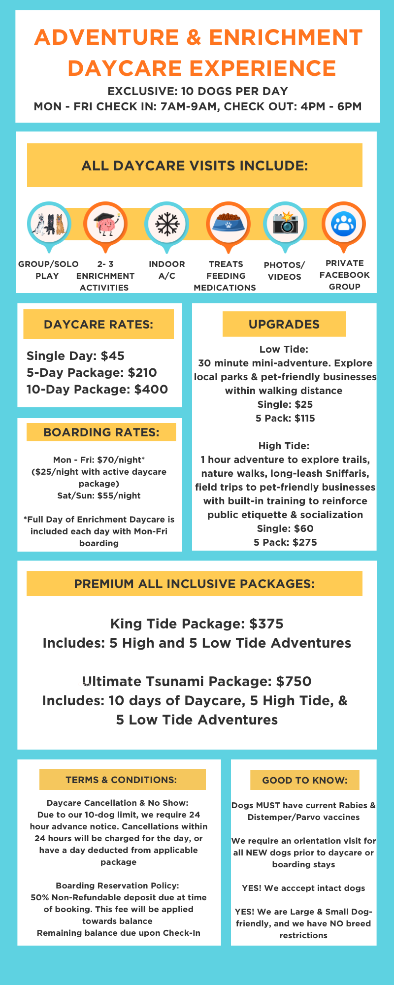 Sign for Adventure & Enrichment Daycare Experience outlining rates, activities, upgrades, packages, and policies for dogs, including daily rates, boarding rates, and all-inclusive packages.
