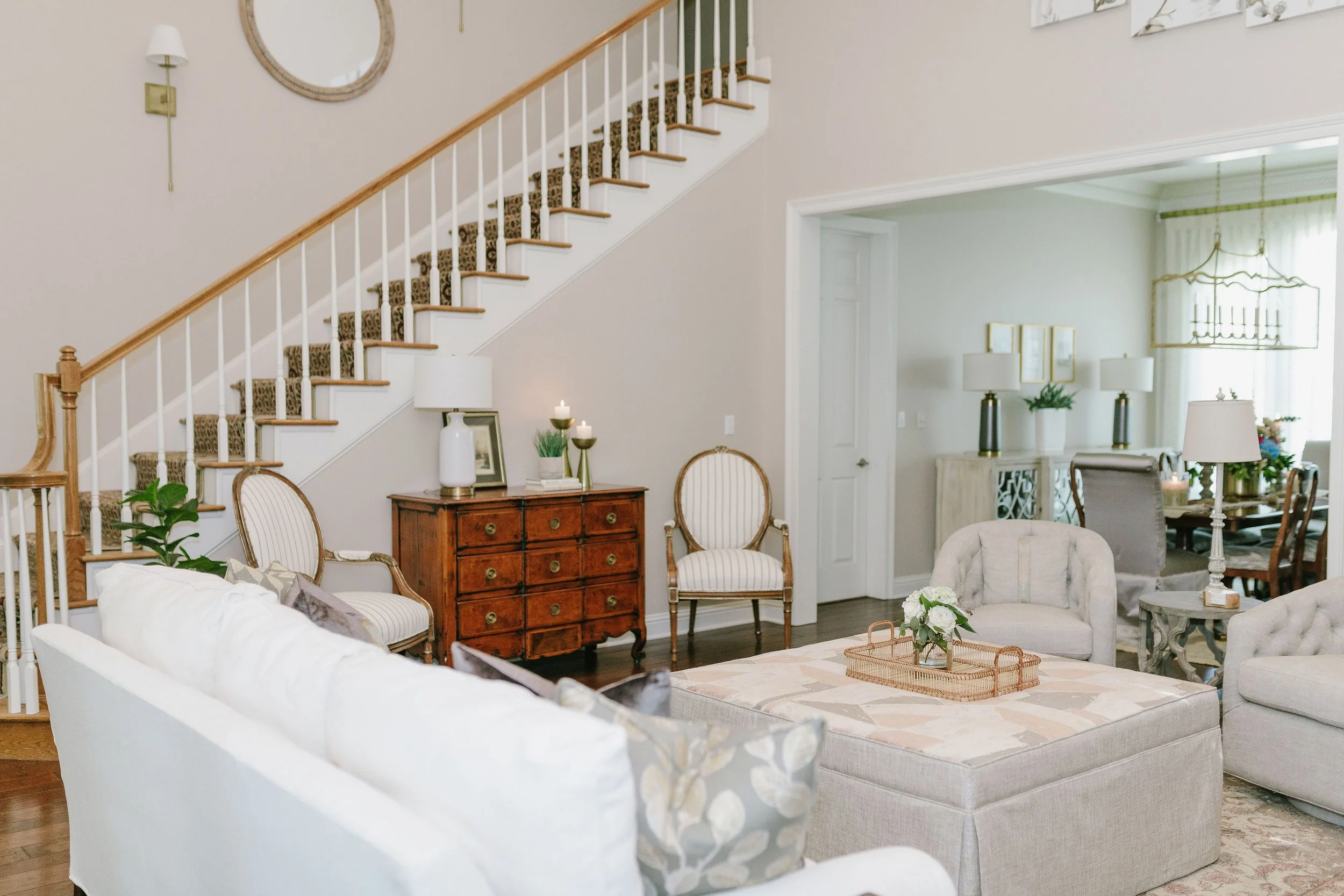 After: Same furniture, updated fabric and added conversation seating.