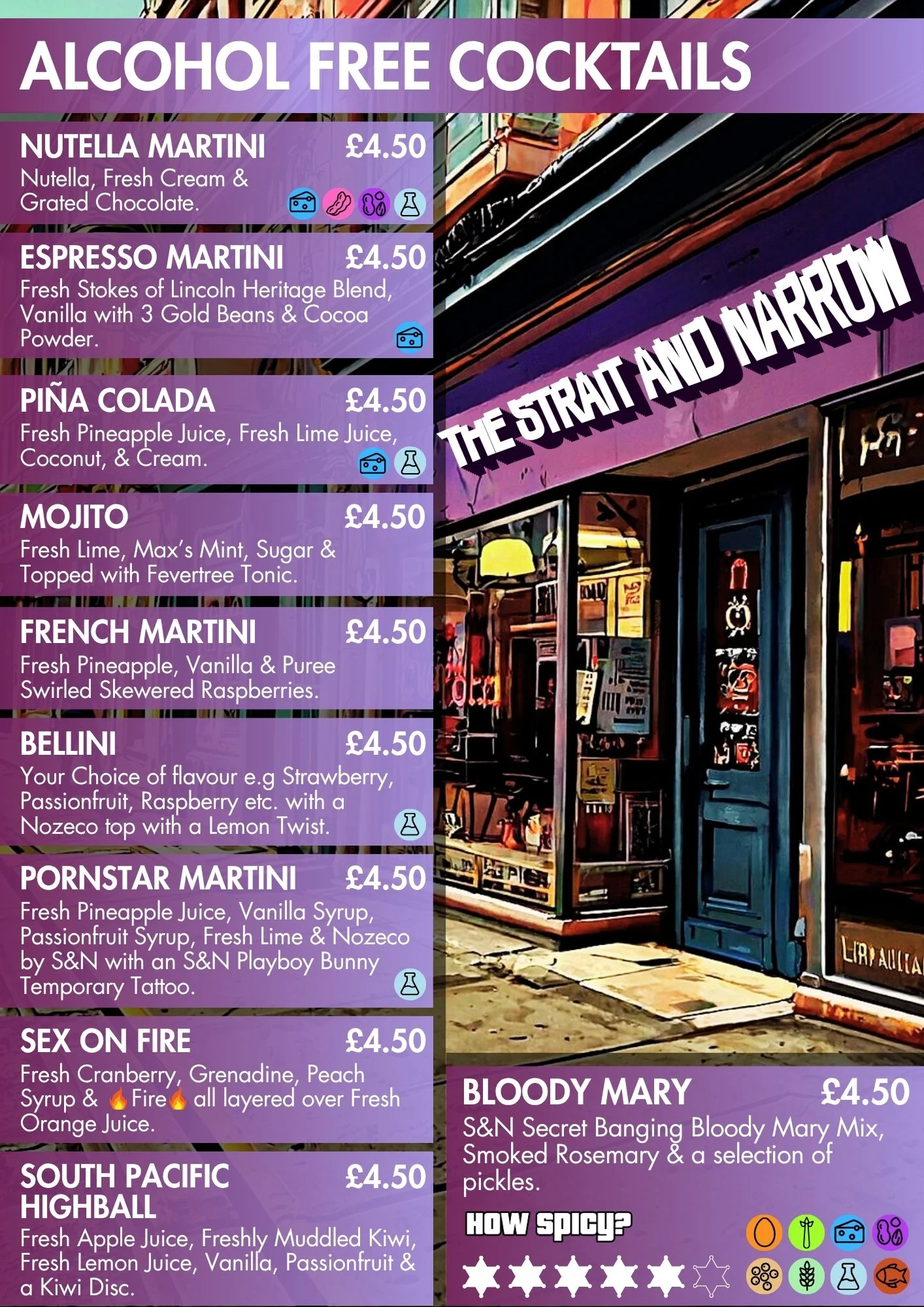 Check out our range of alcohol free cocktails at The Strait and Narrow in Lincoln. Find the best bar for alcohol free drinks in Lincoln at the top of the High Street, a short walk from the train station and bus station.
