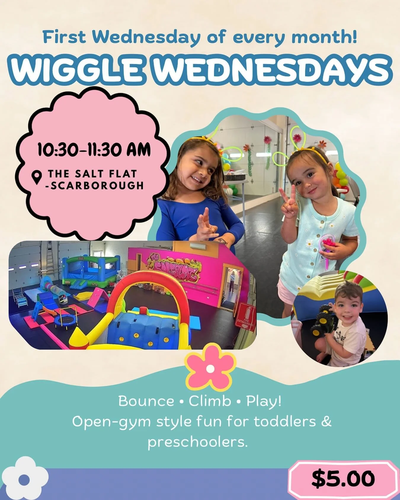 🎉 Introducing Wiggle Wednesdays! 🎉

Starting November 5th, join us the first Wednesday of every month for an hour of open play time just for toddlers and preschoolers! (Children 1 and under are free!)

🧸 Drop-in only &mdash; $5 per child
💵 Pay by