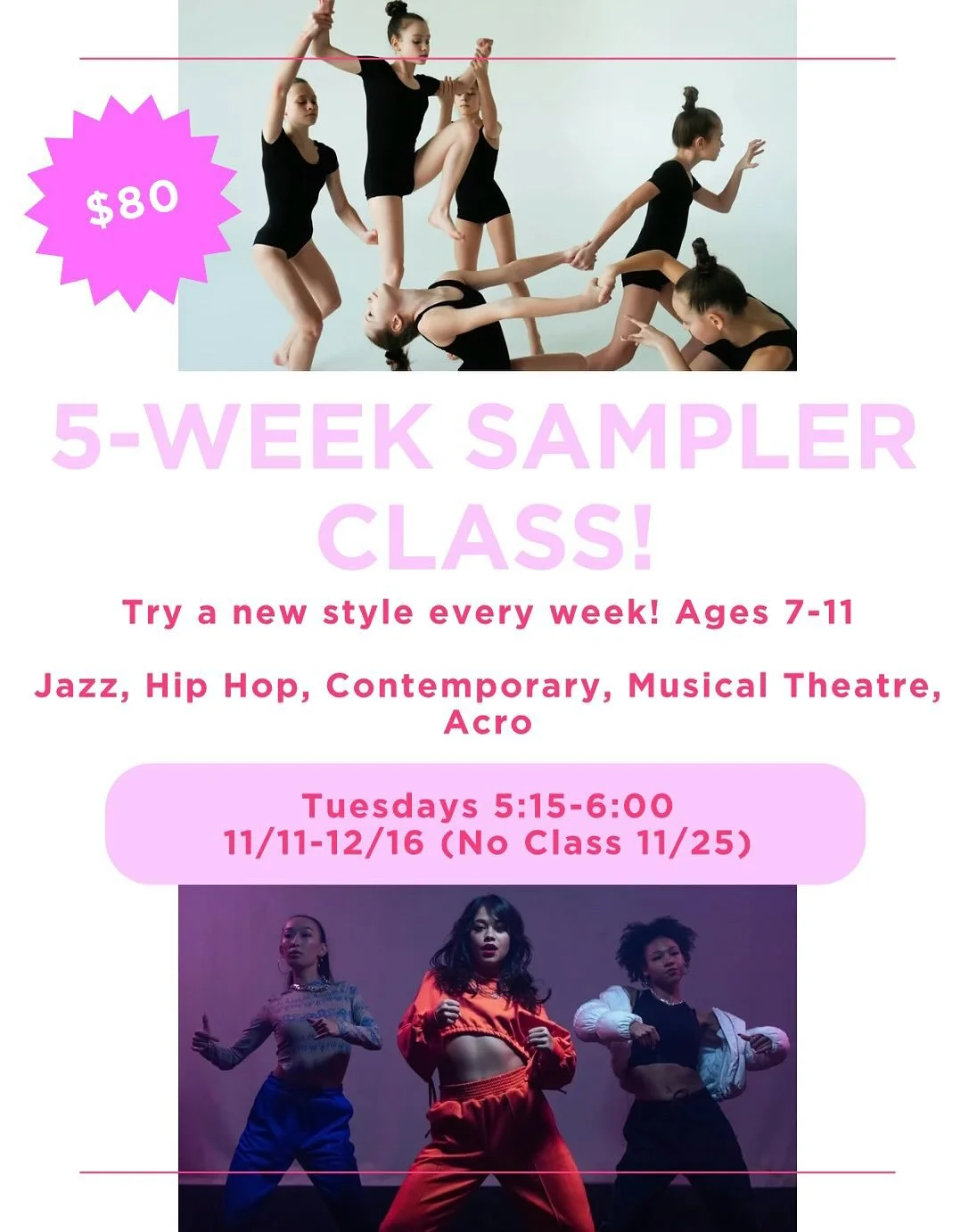 ❄️ New Short Sessions Coming This November! ❄️

Looking for a fun way to stay active as the weather cools down? Our 5-week sessions are the perfect way to try something new with low commitment and lots of fun! 💃🕺

✨ Open to ages 5 through adult &md